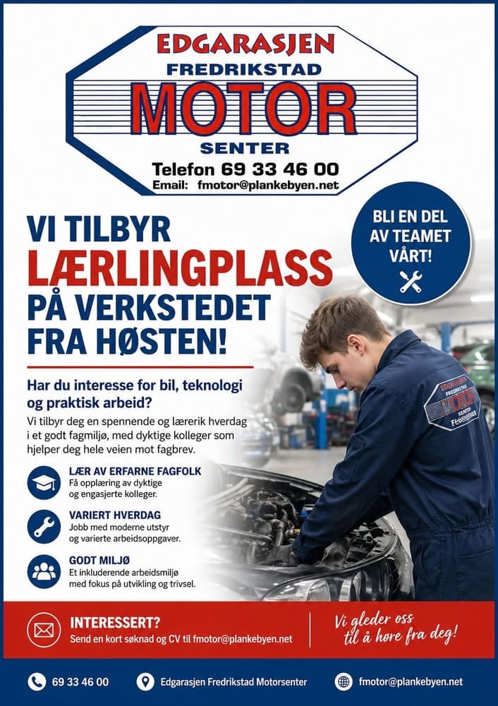 Plakat fra Fredrikstad Motorsenter om lærlingplass på verkstedet